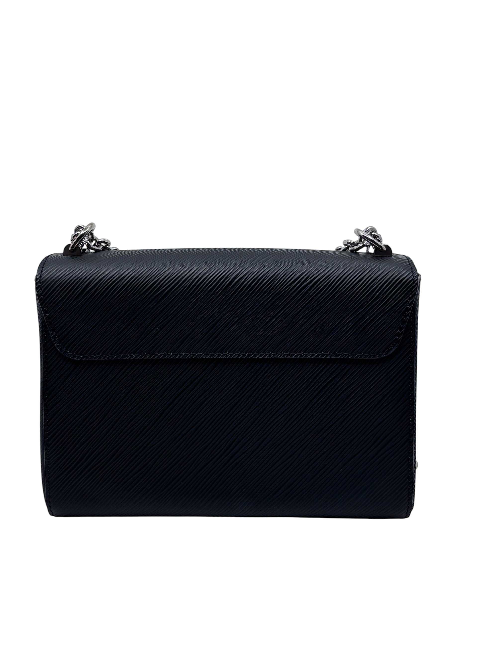 Posh Purse Co black Louis Vuitton Epi leather Twist bag featuring a structured silhouette and silver chain strap