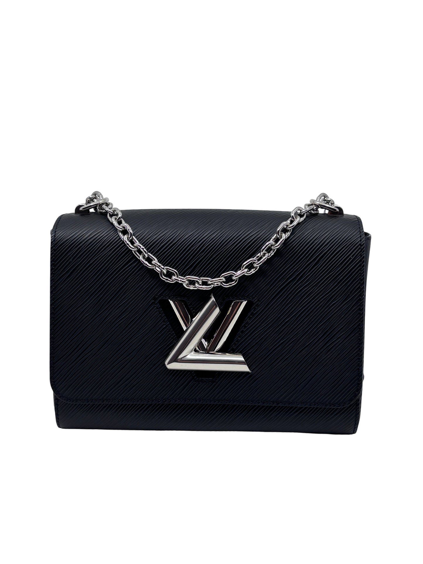 Posh Purse Co black Louis Vuitton Epi leather Twist bag with silver LV hardware and chain strap