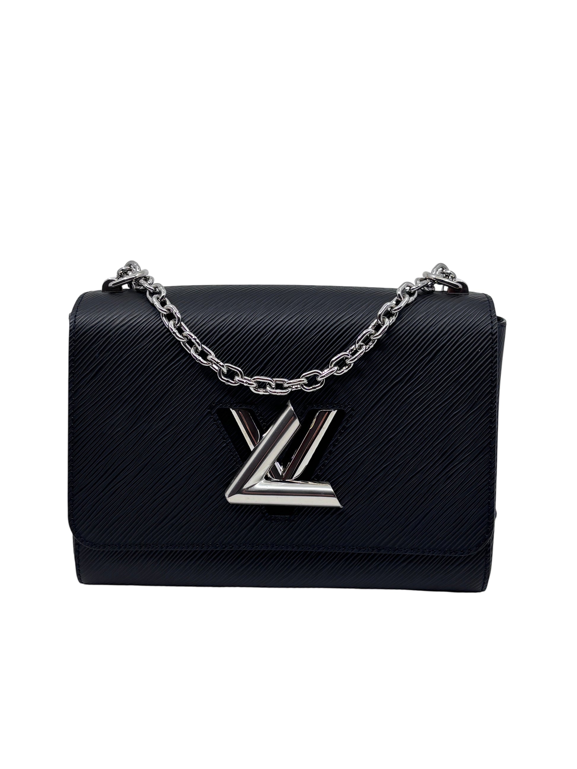 Posh Purse Co black Louis Vuitton Epi leather Twist bag with silver LV hardware and chain strap