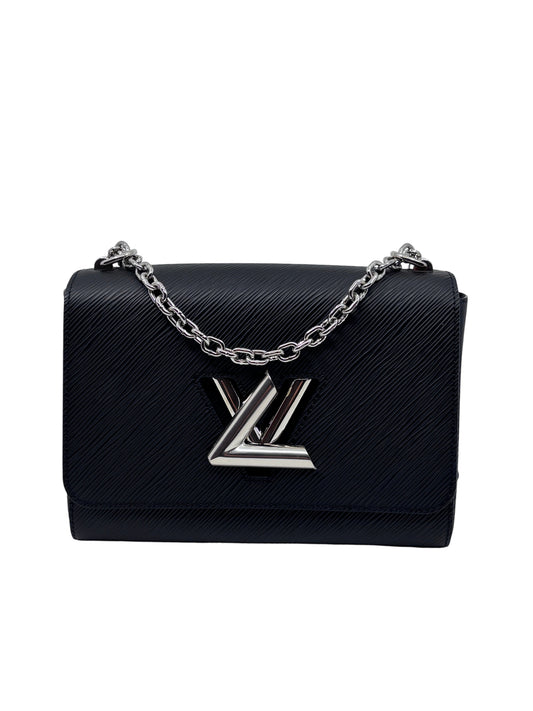 Posh Purse Co black Louis Vuitton Epi leather Twist bag with silver LV hardware and chain strap