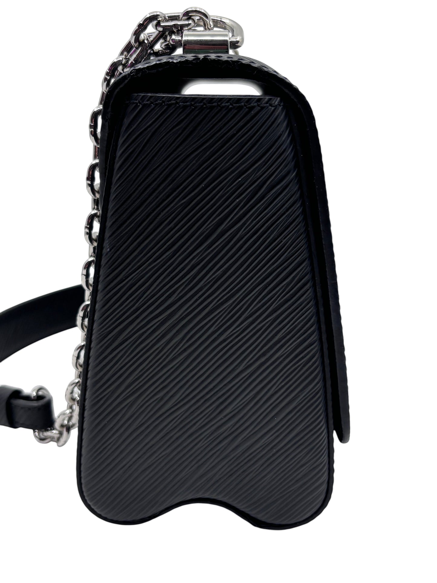 Posh Purse Co black Louis Vuitton Epi leather Twist bag side view showing textured leather and silver chain strap