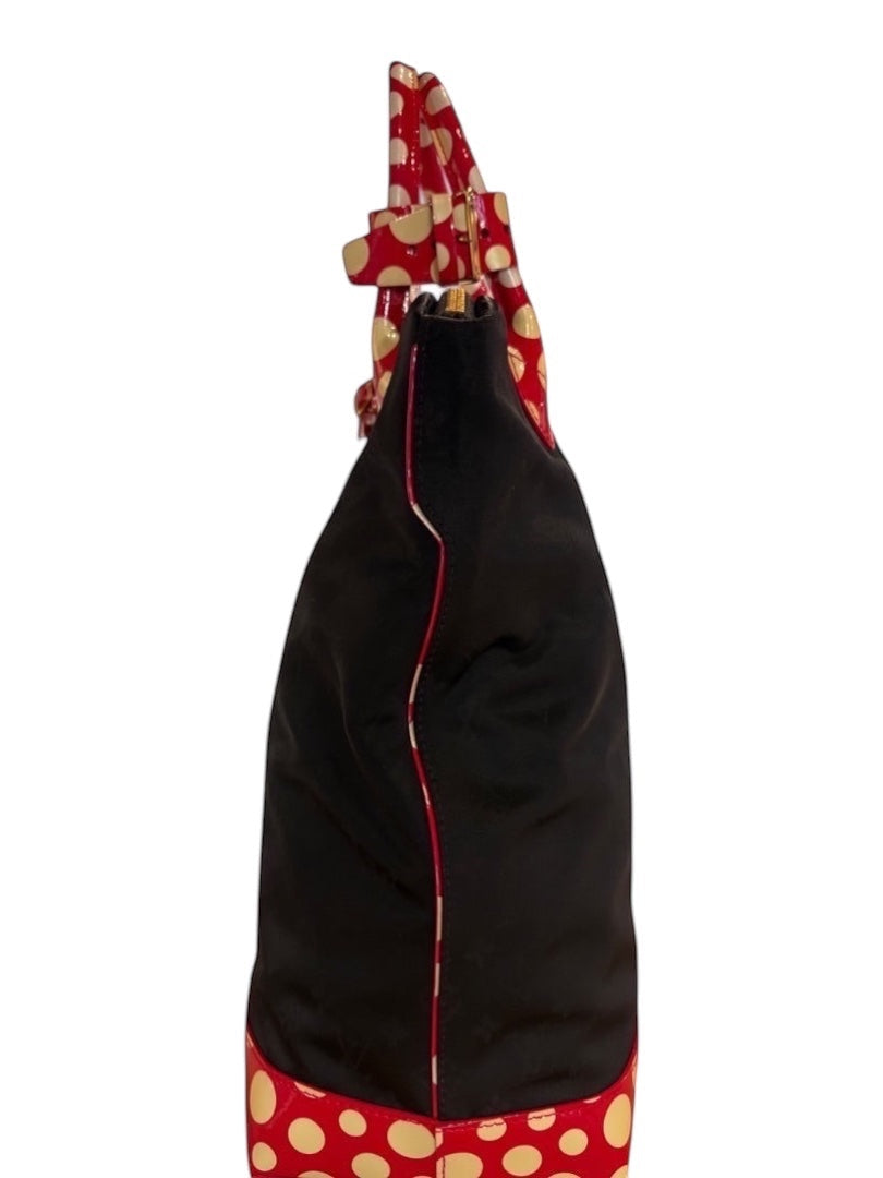 Posh Purse Co black Louis Vuitton x Yayoi Kusama Lock It tote with red and gold polka dots and leather trim.
