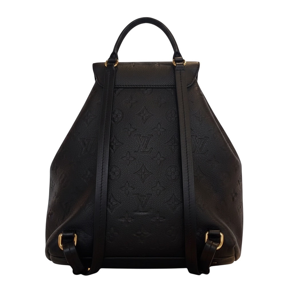 Posh Purse Co black Louis Vuitton Montsouris PM backpack in embossed Monogram Empreinte leather with gold-tone hardware and adjustable straps.