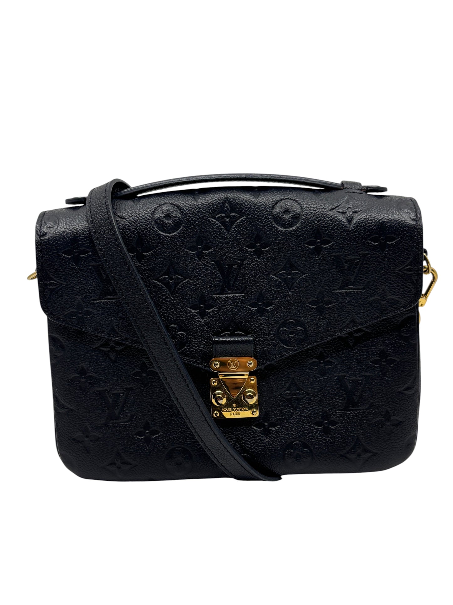Posh Purse Co. black Louis Vuitton Empreinte Pochette Metis handbag with gold hardware and embossed monogram leather.