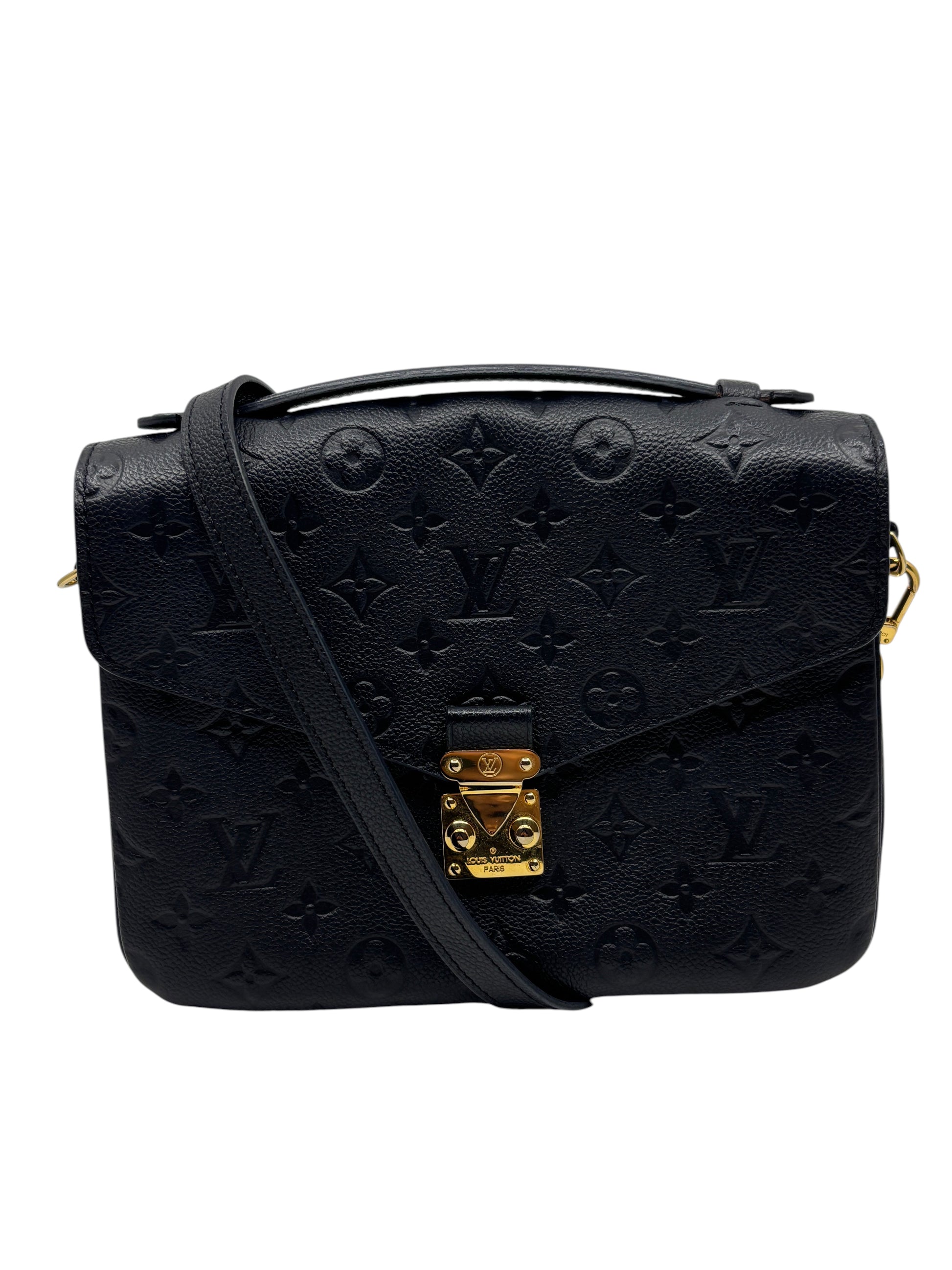 Posh Purse Co. black Louis Vuitton Empreinte Pochette Metis handbag with gold hardware and embossed monogram leather.