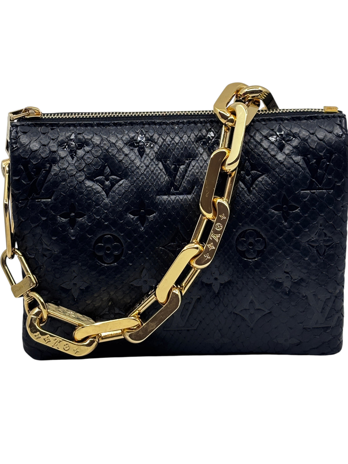 Posh Purse Co black Louis Vuitton Coussin BB handbag in exotic python leather with signature gold chain strap
