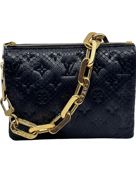 Posh Purse Co black Louis Vuitton Coussin BB handbag in exotic python leather with signature gold chain strap