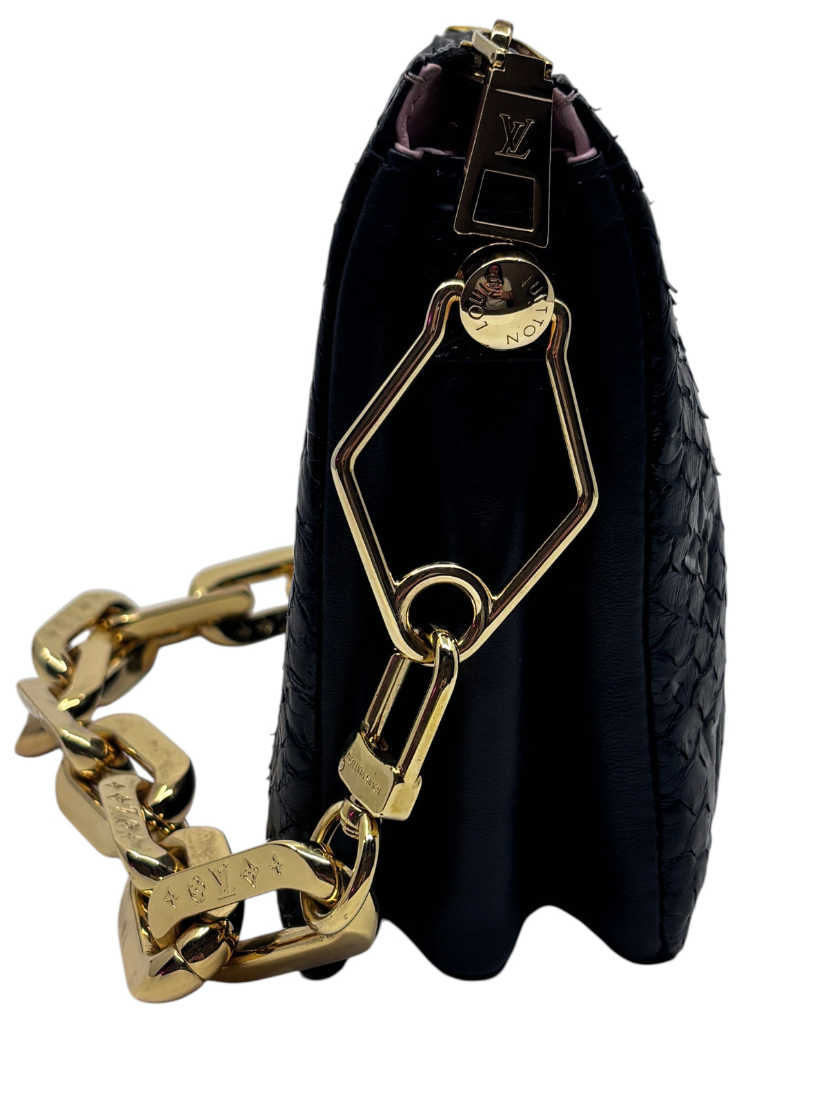 Posh Purse Co black Louis Vuitton Coussin BB handbag featuring exotic python leather and gold-tone chain strap