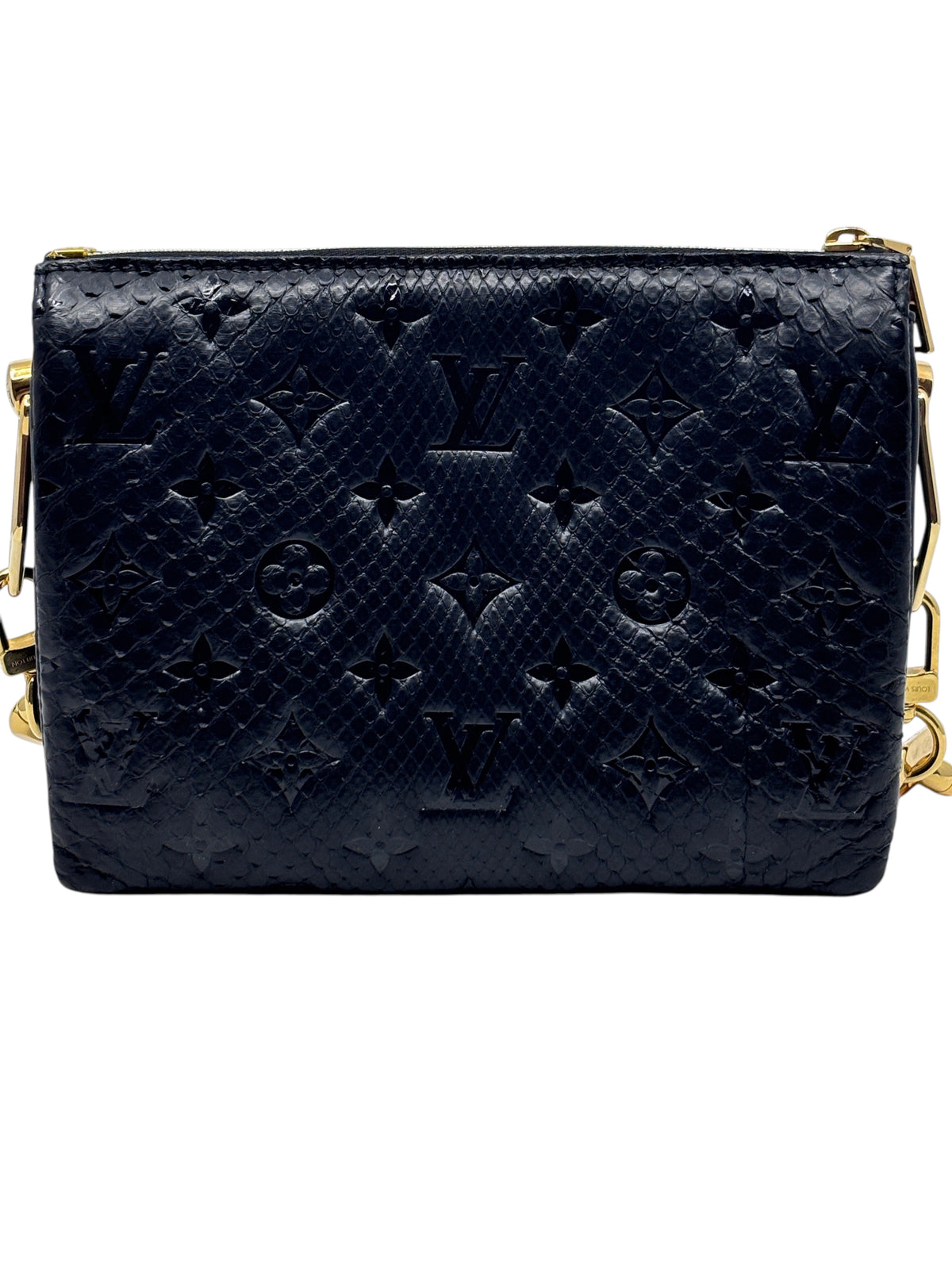 Posh Purse Co black Louis Vuitton Coussin BB handbag in exotic python leather with signature embossed monogram pattern