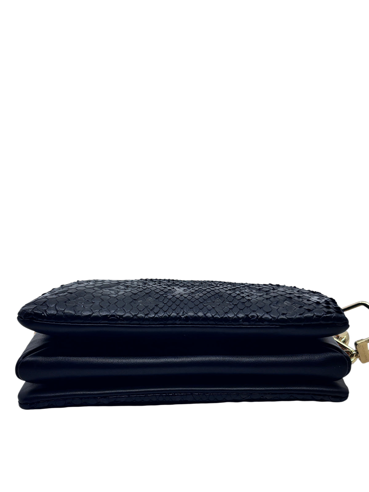 Posh Purse Co black Louis Vuitton Coussin BB handbag featuring exotic python leather texture and gold hardware.