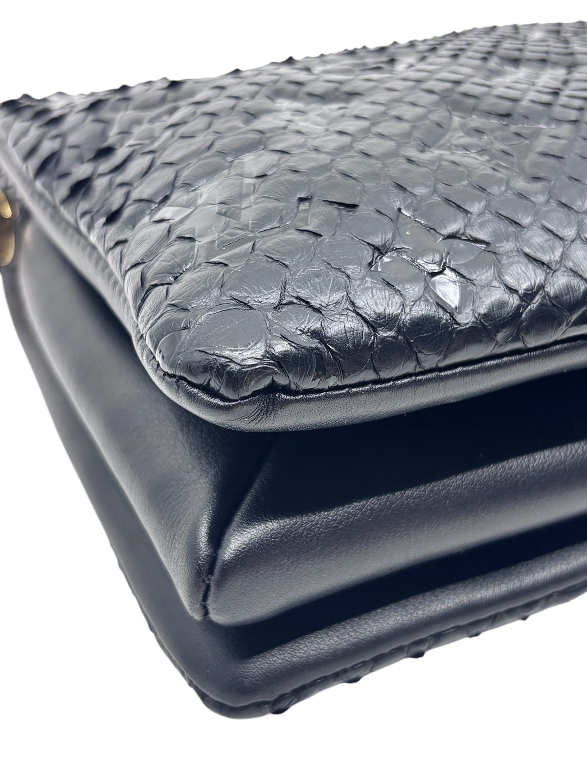 Posh Purse Co black Louis Vuitton Coussin BB handbag featuring exotic python leather texture and smooth leather trim.