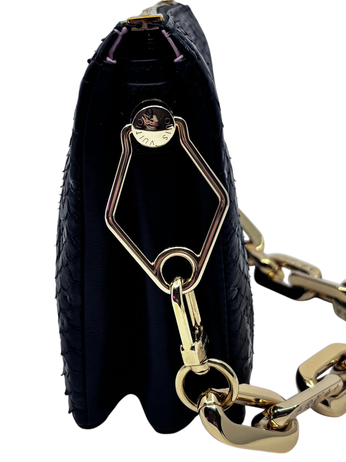 Posh Purse Co black Louis Vuitton Coussin BB handbag featuring exotic python leather and gold-tone chain hardware