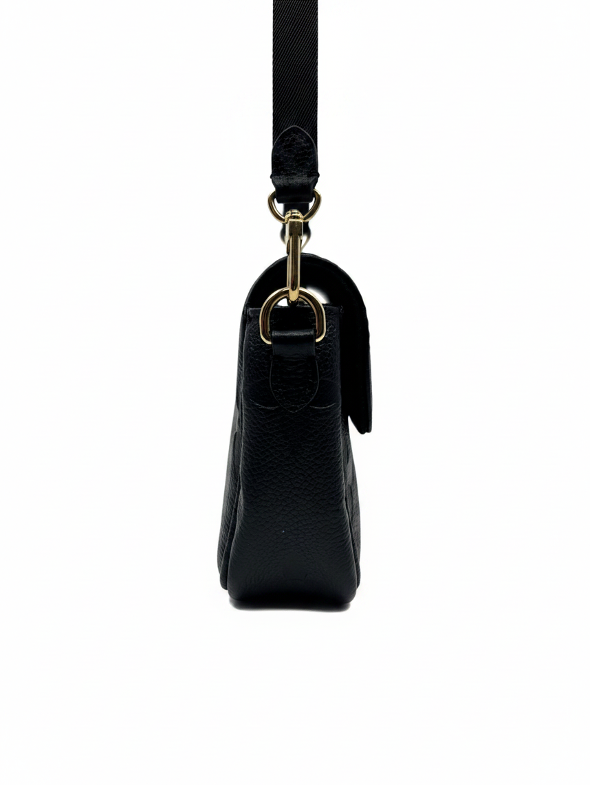 Posh Purse Co. black Louis Vuitton Empreinte leather wallet on chain side view with gold hardware and shoulder strap
