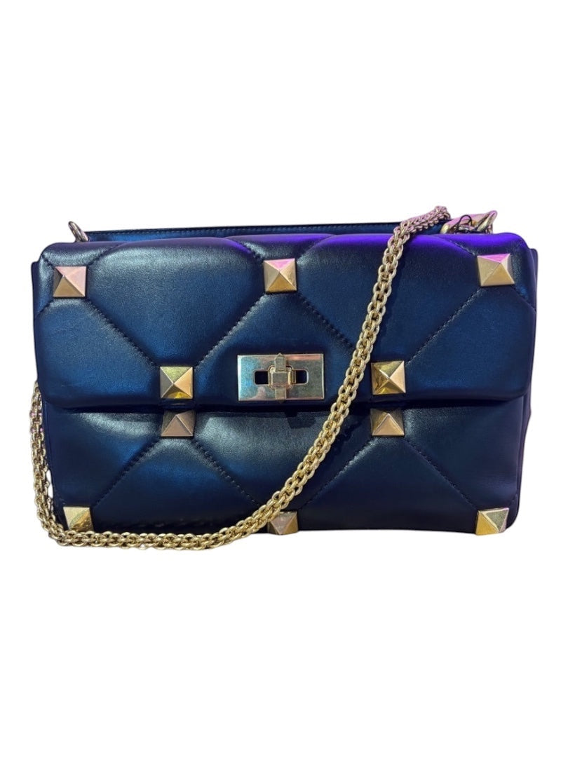 Posh Purse Co black quilted nappa leather Roman Stud handbag with gold chain strap and hardware.
