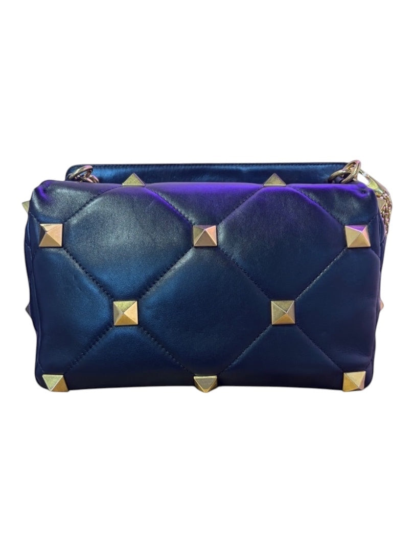 Posh Purse Co black nappa leather quilted Roman Stud handbag with gold pyramid studs.