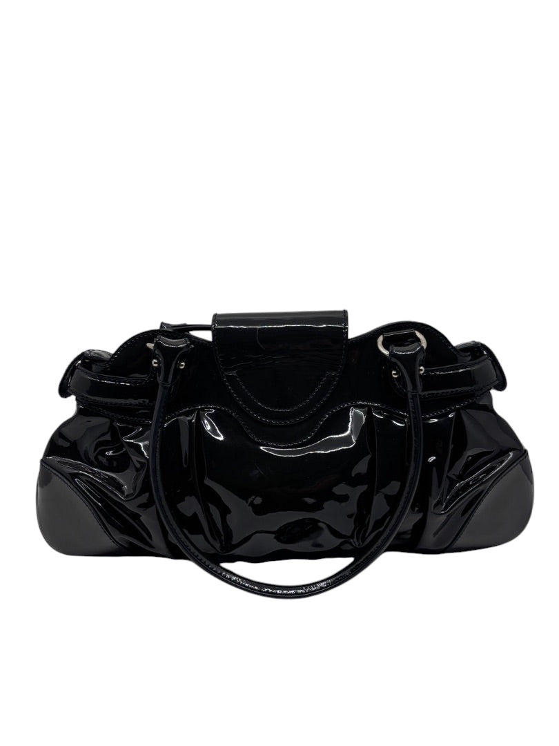 Posh Purse Co black patent leather Ferragamo shoulder bag with a glossy finish and structured silhouette