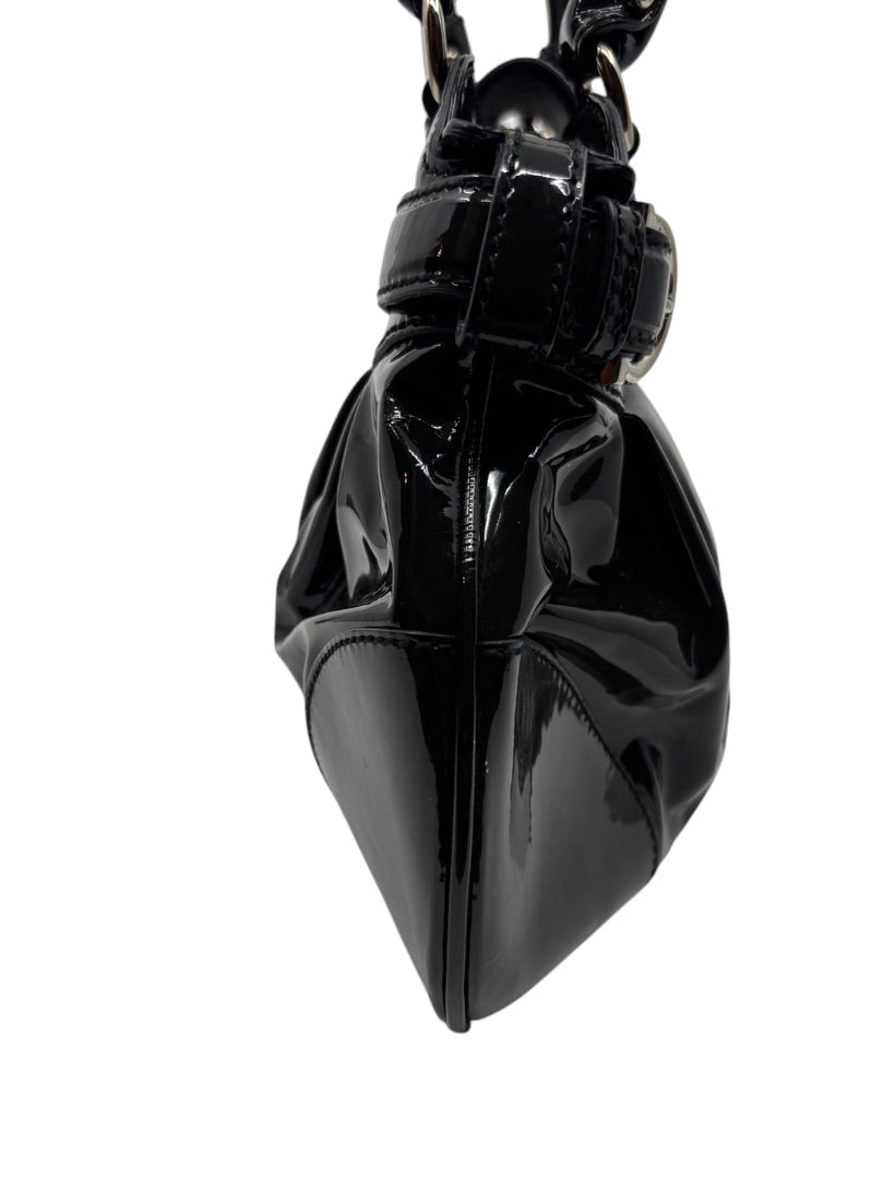 Posh Purse Co. black patent leather Ferragamo shoulder bag showing the structured side profile and glossy finish.