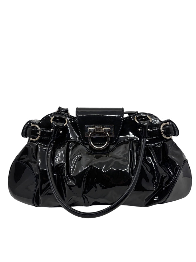 Posh Purse Co. black patent leather Ferragamo shoulder bag with silver hardware and structured silhouette.