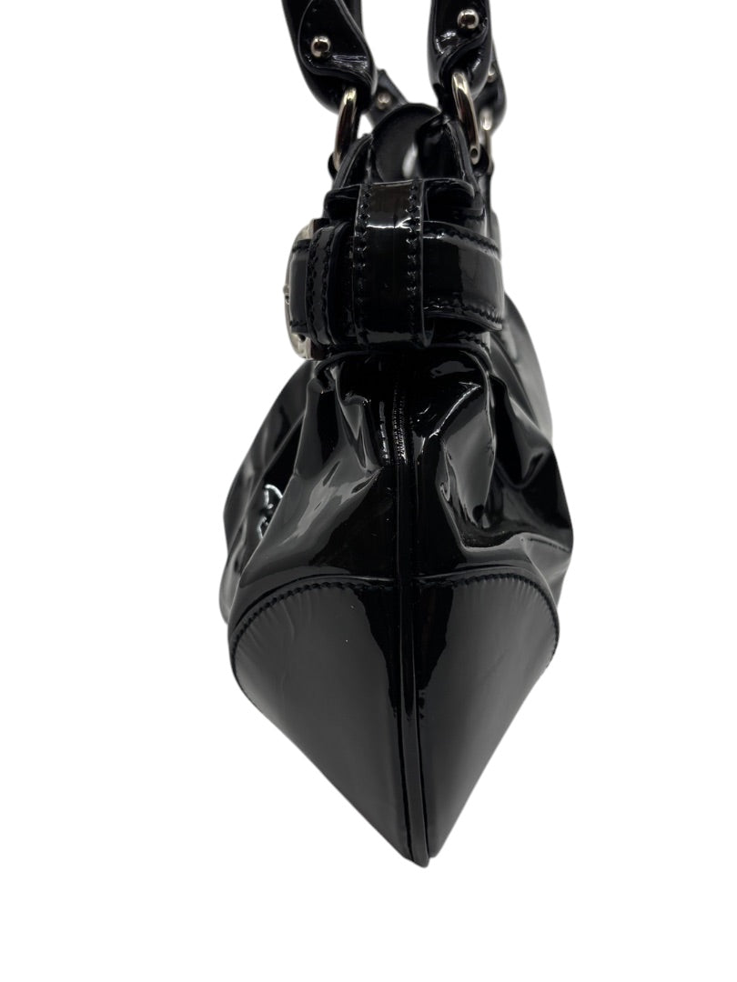 Posh Purse Co. black patent leather Ferragamo shoulder bag showing the structured side profile and glossy finish.