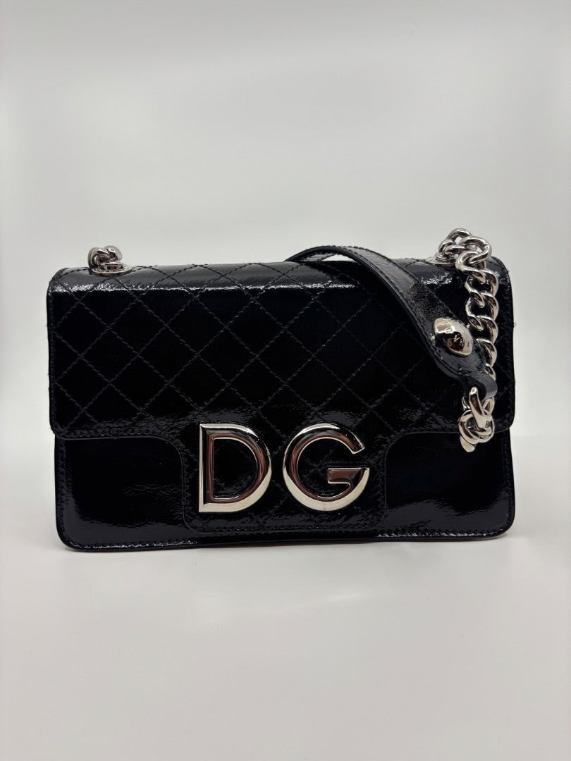 Posh Purse Co. black patent leather quilted shoulder bag with silver DG logo and chain strap