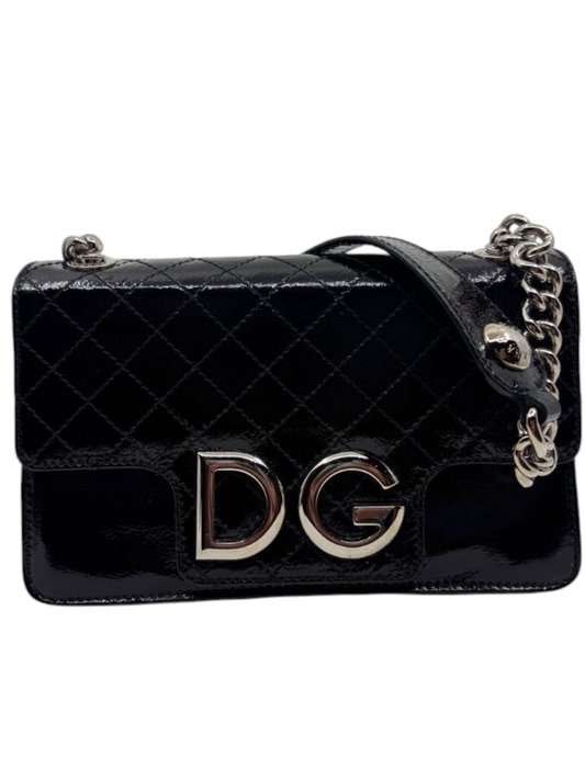 Posh Purse Co. black patent leather quilted shoulder bag with silver DG logo and chain strap