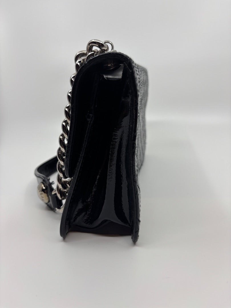 Posh Purse Co. black patent leather shoulder bag with silver hardware and D&G logo.