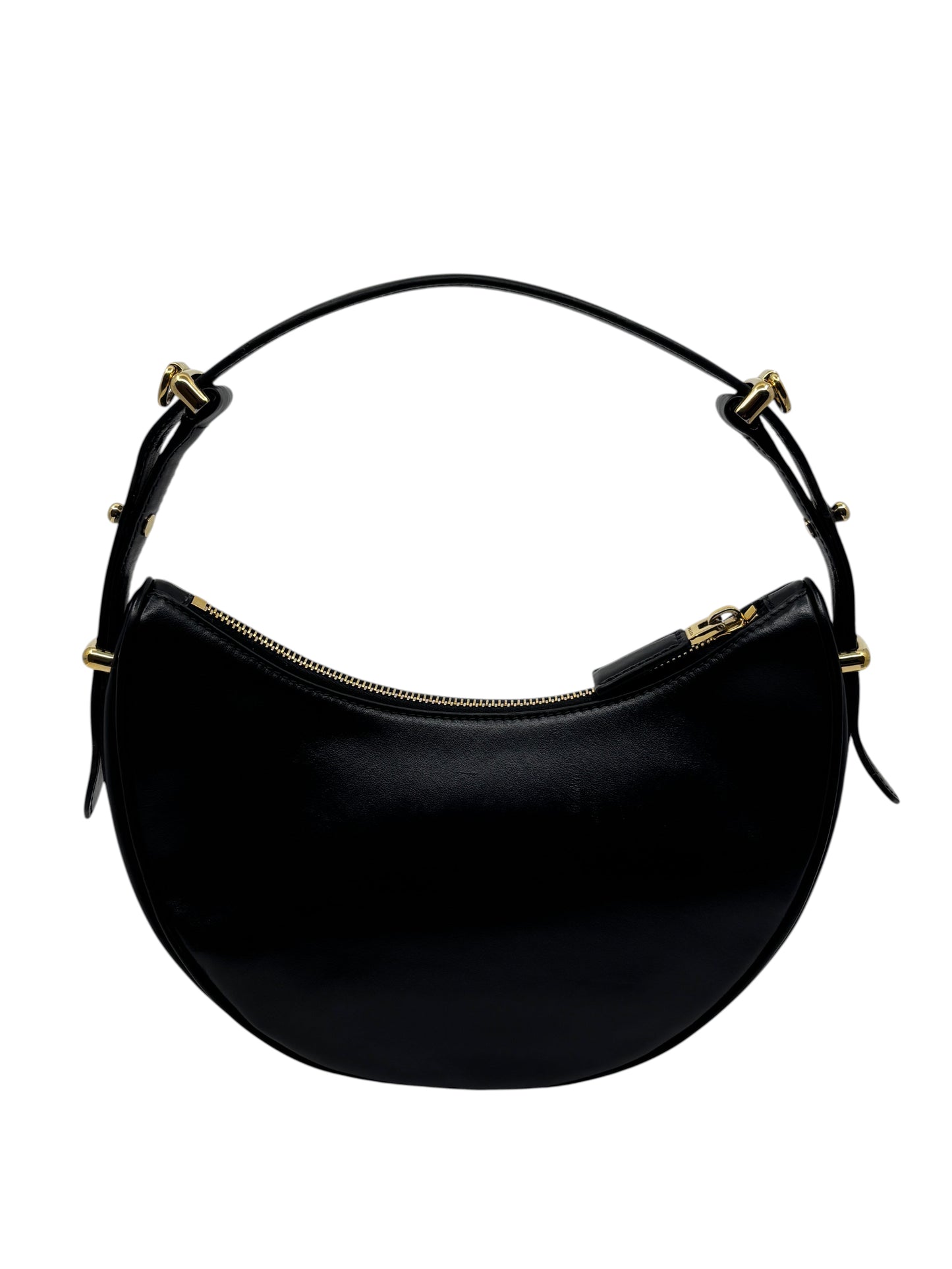 Posh Purse Co. black leather Prada Arque shoulder bag with a curved silhouette and gold-tone hardware.