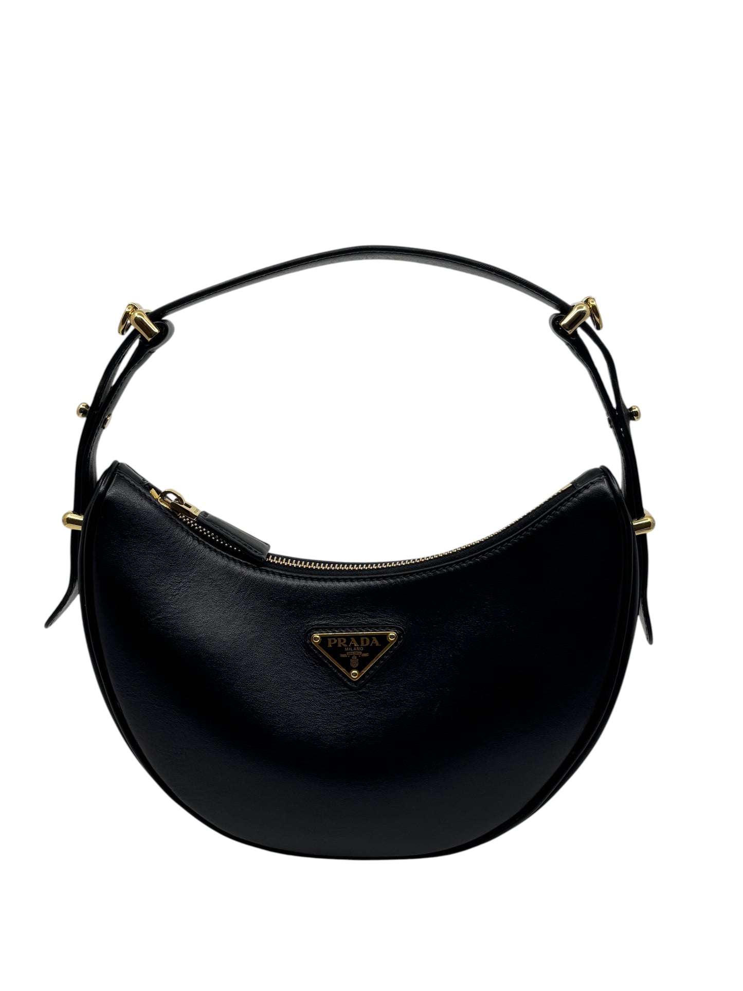 Posh Purse Co. black leather Prada Arque shoulder bag with a curved silhouette and gold-tone hardware.