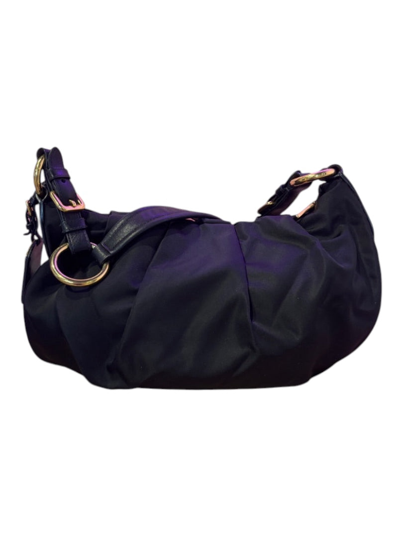 Posh Purse Co black Prada nylon shoulder bag with gold hardware and leather trim, ruched detailing, and a curved silhouette.