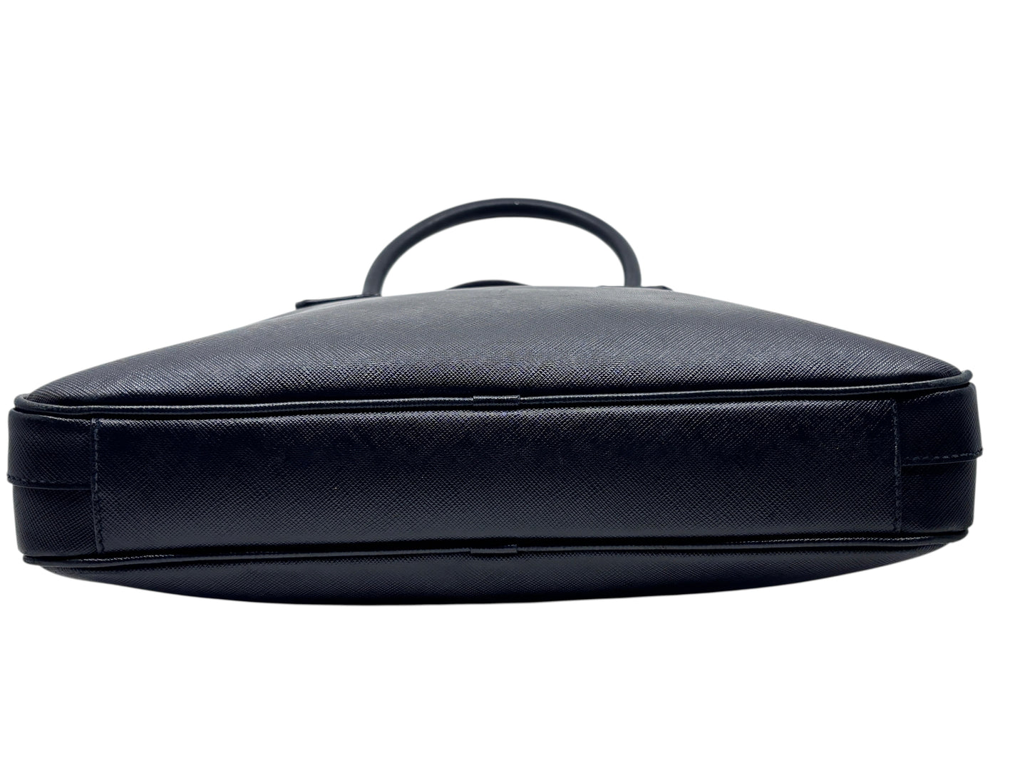 Posh Purse Co black Prada Saffiano leather briefcase showing the structured base and top handle view
