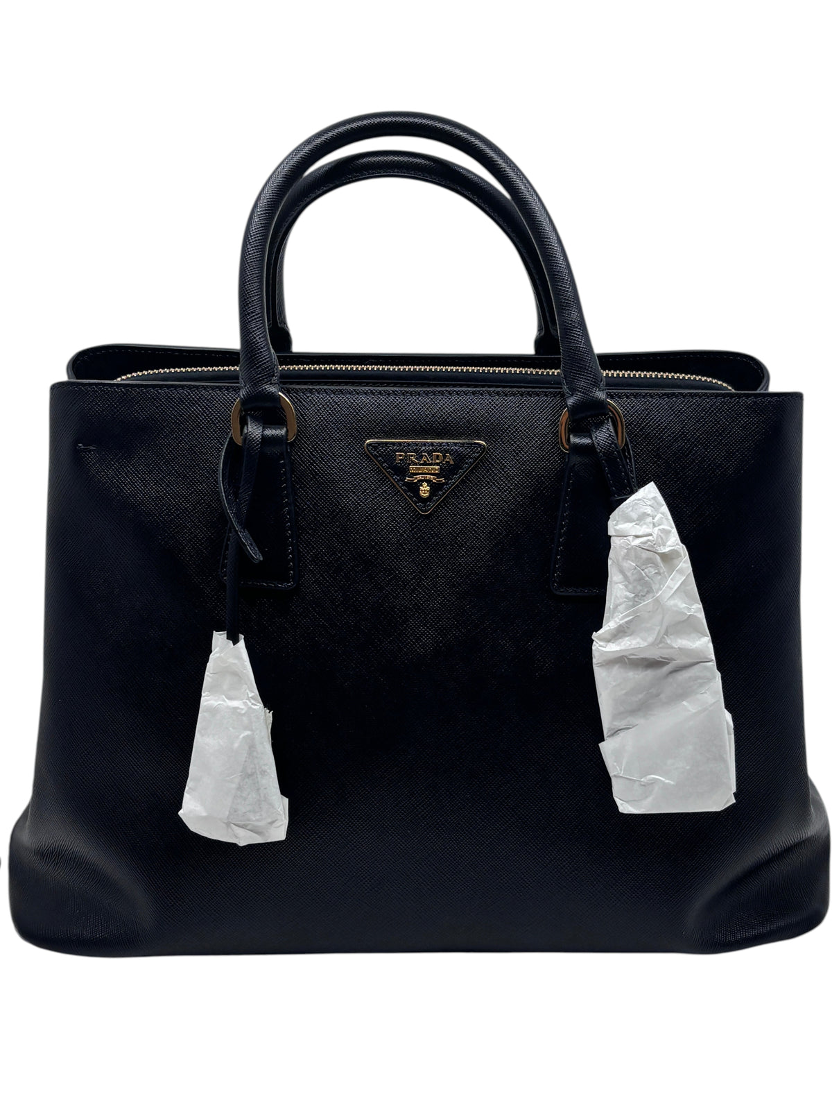 Posh Purse Co brand new black Prada Saffiano leather Lux shopping tote with gold hardware and structured silhouette
