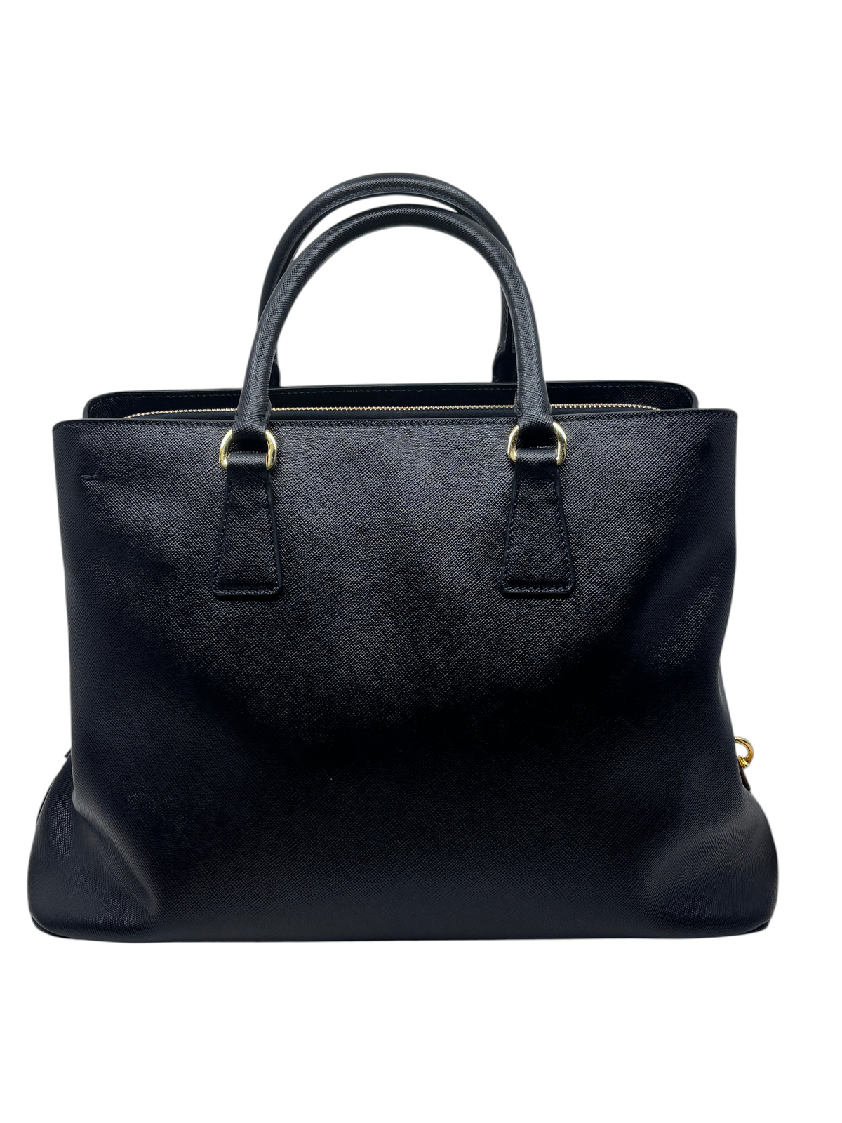 Posh Purse Co black Prada Saffiano leather tote bag with structured silhouette and gold hardware