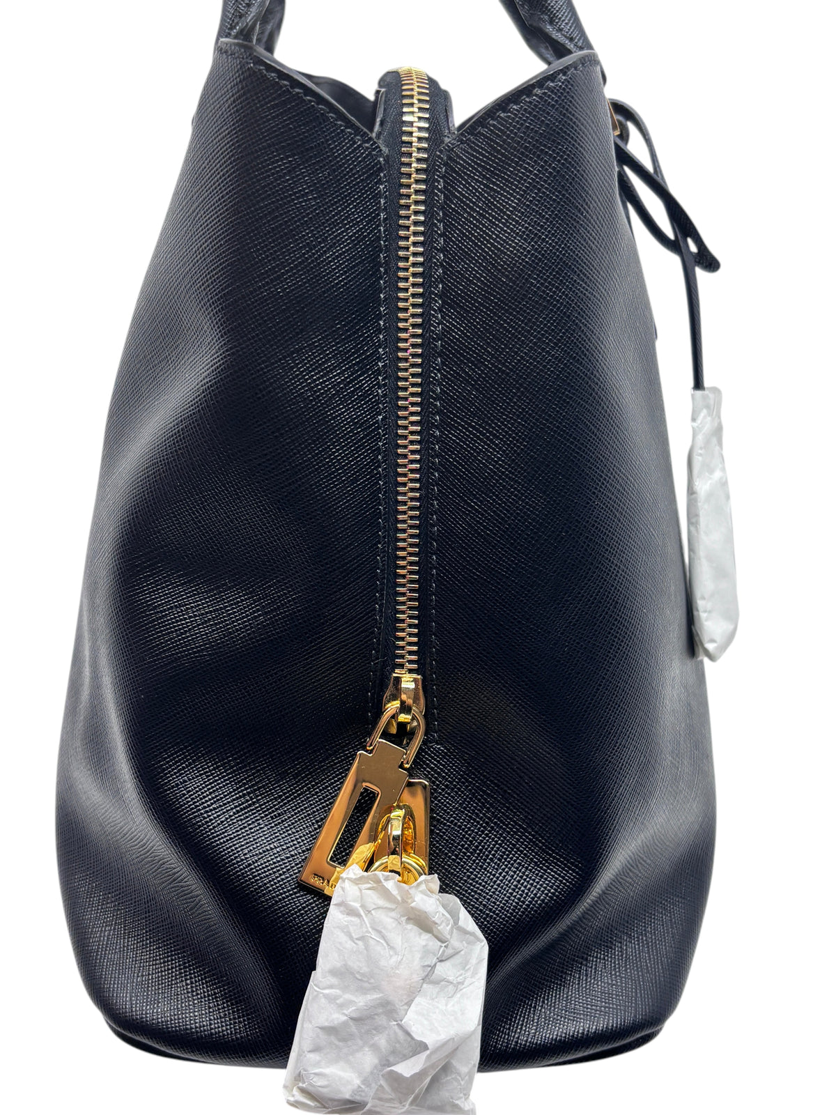 Posh Purse Co brand new black Prada Saffiano leather tote bag with gold zipper detail and protective packaging