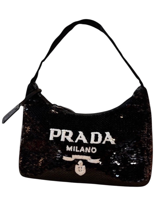 Posh Purse Co black sequined Prada Re-Edition 2000 mini shoulder bag with silver Prada logo and strap.