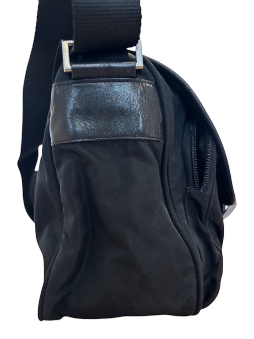 Posh Purse Co. black Prada Vela nylon messenger bag with leather trim and adjustable strap.
