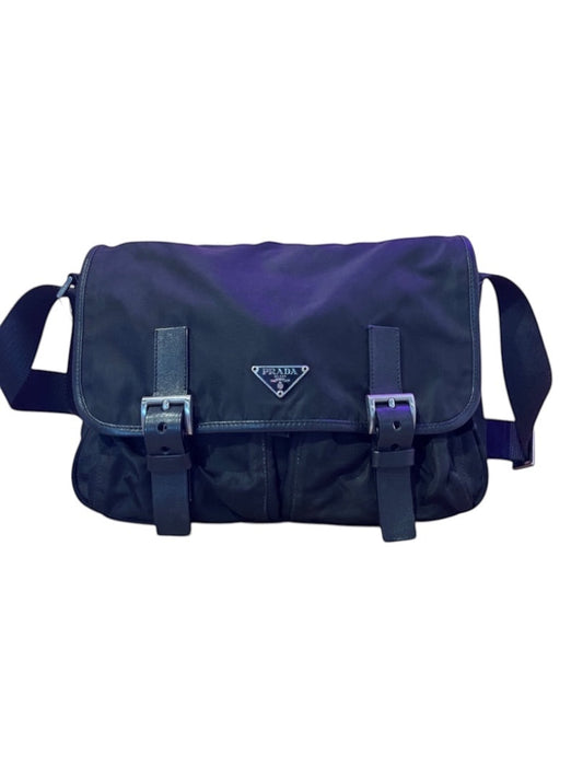 Posh Purse Co. black Prada Vela nylon messenger bag with silver Prada logo and adjustable strap.