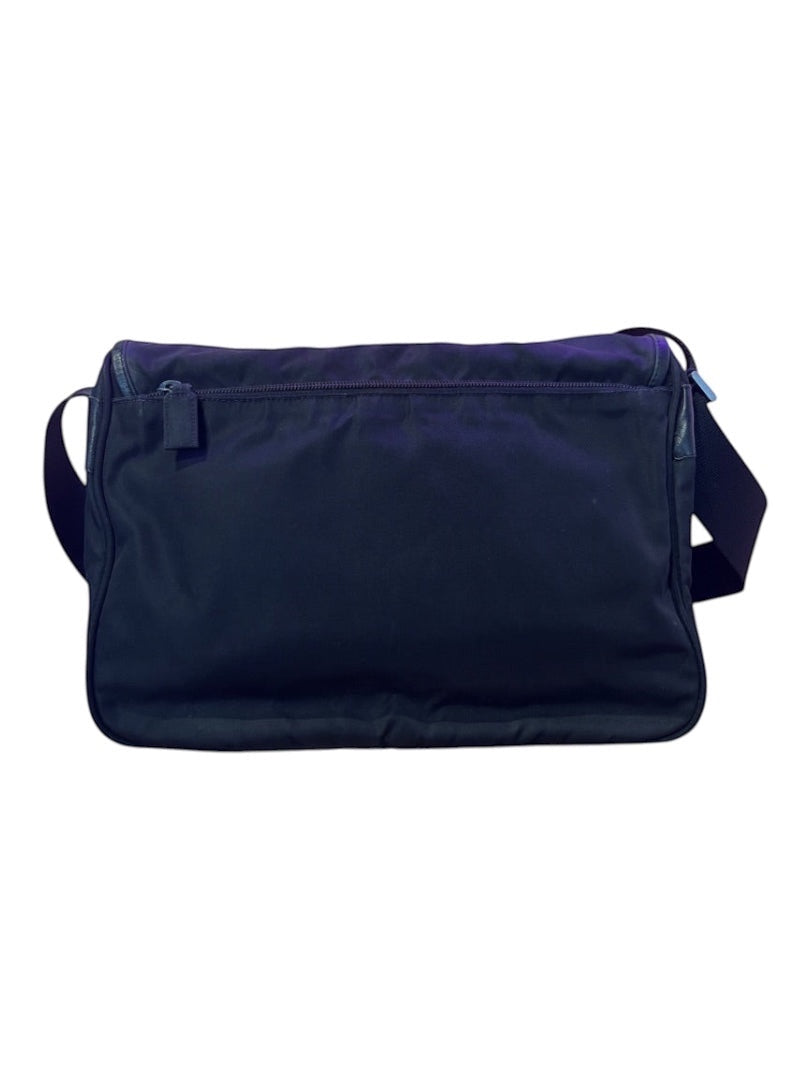 Posh Purse Co. black Prada Vela nylon messenger bag with adjustable strap and zip closure.