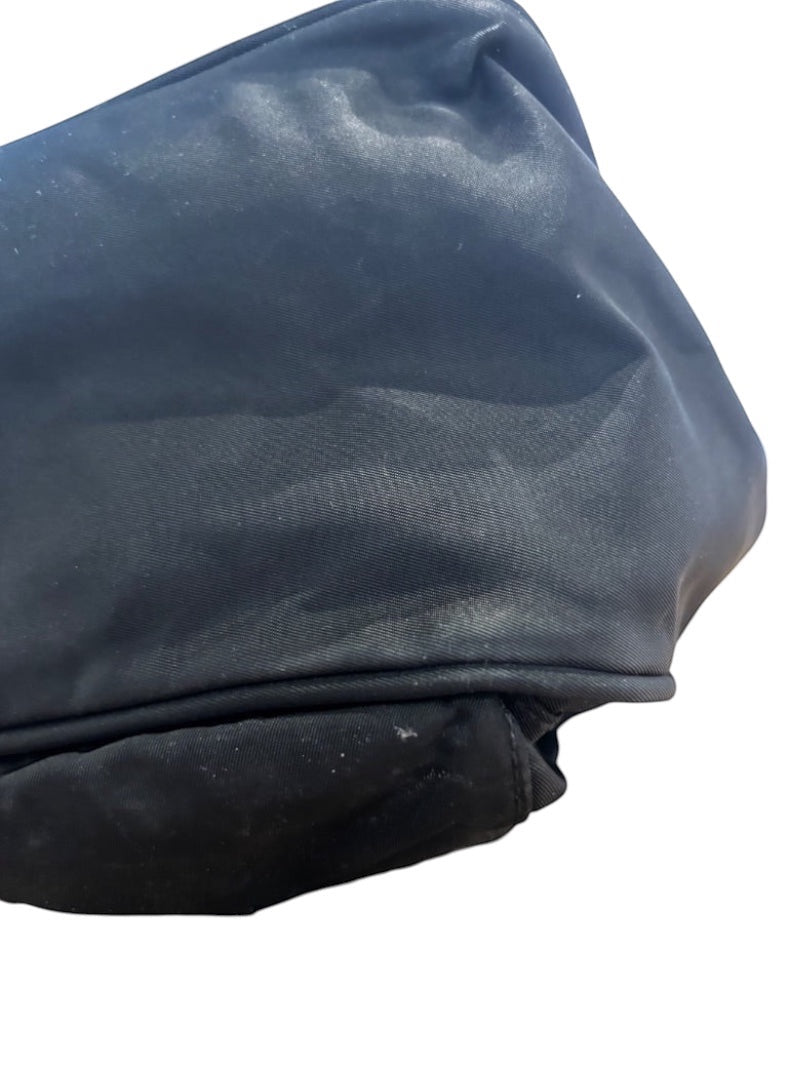 Posh Purse Co. black Prada Vela nylon messenger bag with adjustable strap and zip closure.