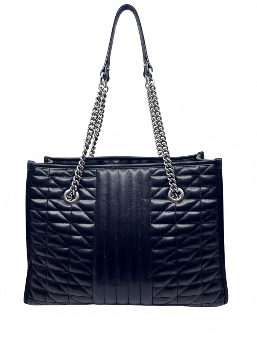 Posh Purse Co black quilted leather shoulder bag with silver chain straps and vertical panel detailing