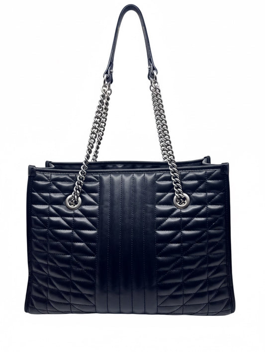 Posh Purse Co black quilted leather shoulder bag with silver chain straps and vertical panel detailing