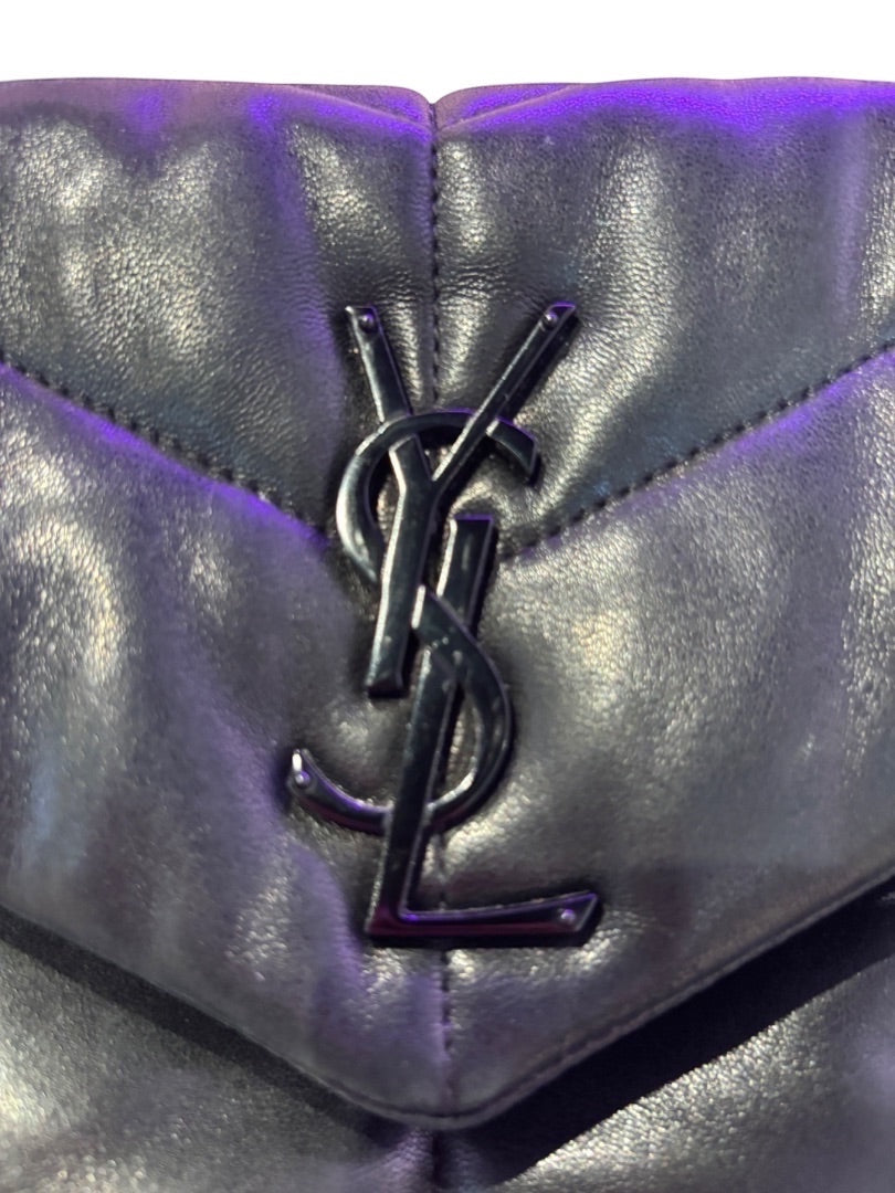 Posh Purse Co black quilted leather Saint Laurent LouLou Puffer bag with black hardware and YSL logo.
