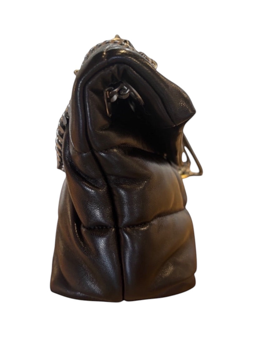 Posh Purse Co. black quilted leather Saint Laurent Loulou Puffer bag with chevron pattern and YSL logo hardware.