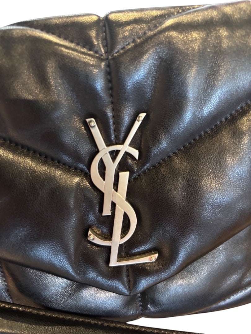 Posh Purse Co. black quilted leather Saint Laurent Loulou Puffer bag with silver YSL logo hardware and chevron stitching.