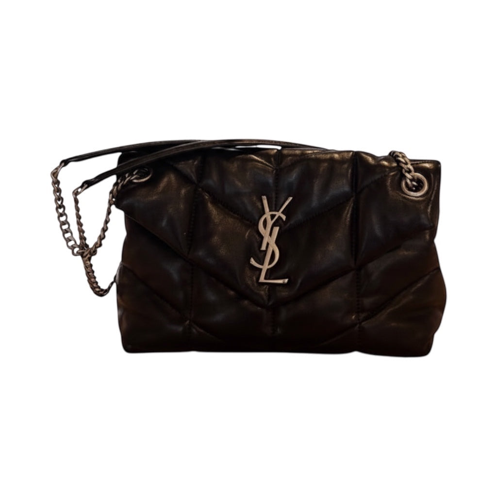 Posh Purse Co. black quilted leather Saint Laurent Loulou Puffer bag with silver YSL logo and chain strap.