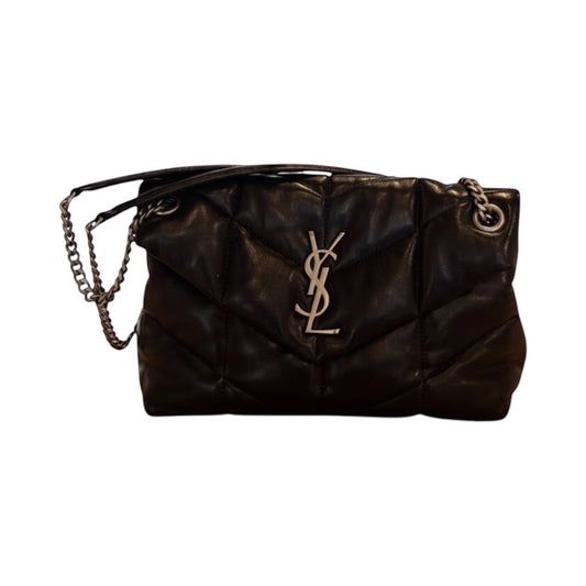 Posh Purse Co. black quilted leather Saint Laurent Loulou Puffer bag with silver YSL logo and chain strap.