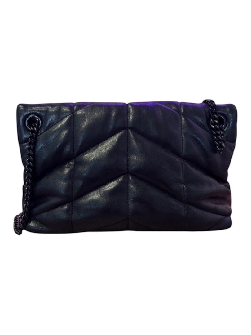 Posh Purse Co black quilted leather Saint Laurent LouLou puffer shoulder bag with black hardware and chain strap.