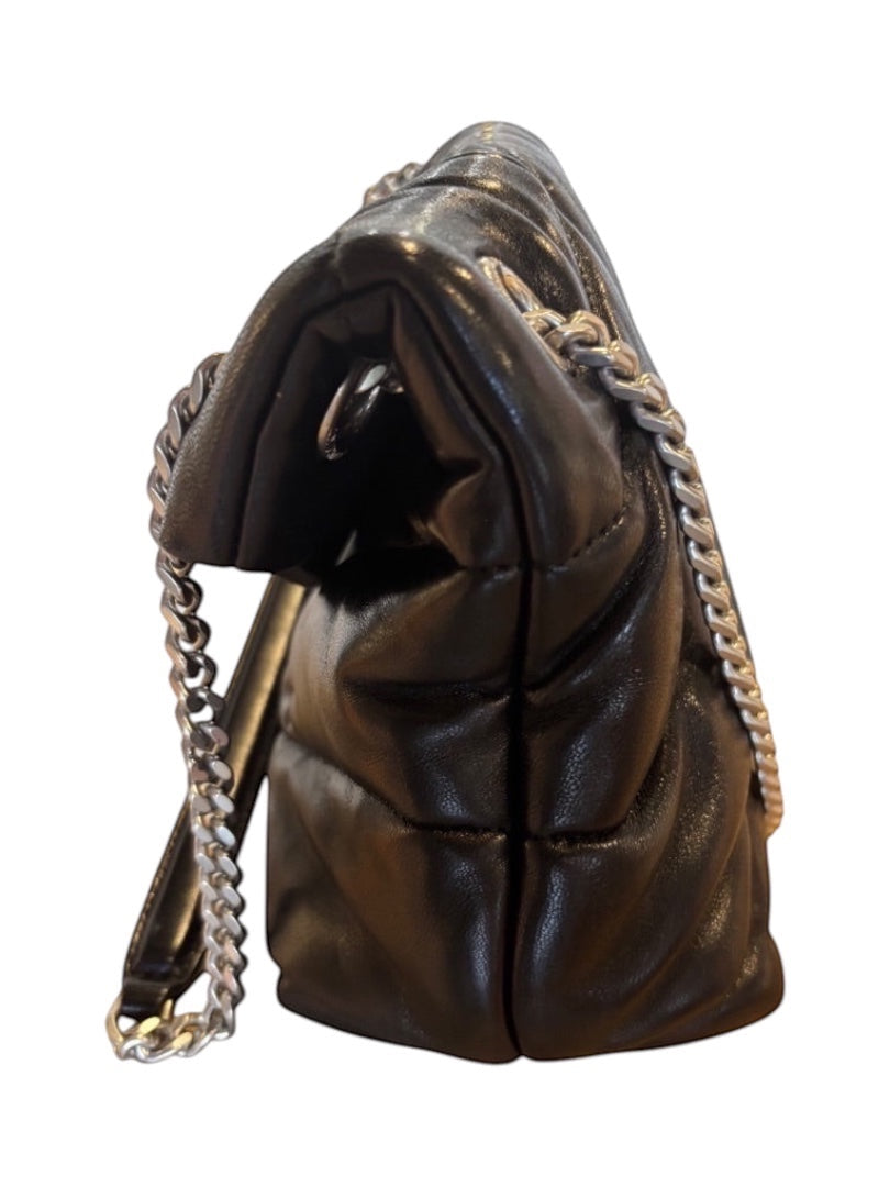 Posh Purse Co. black quilted leather Saint Laurent Loulou Puffer bag with chevron pattern and silver chain strap.