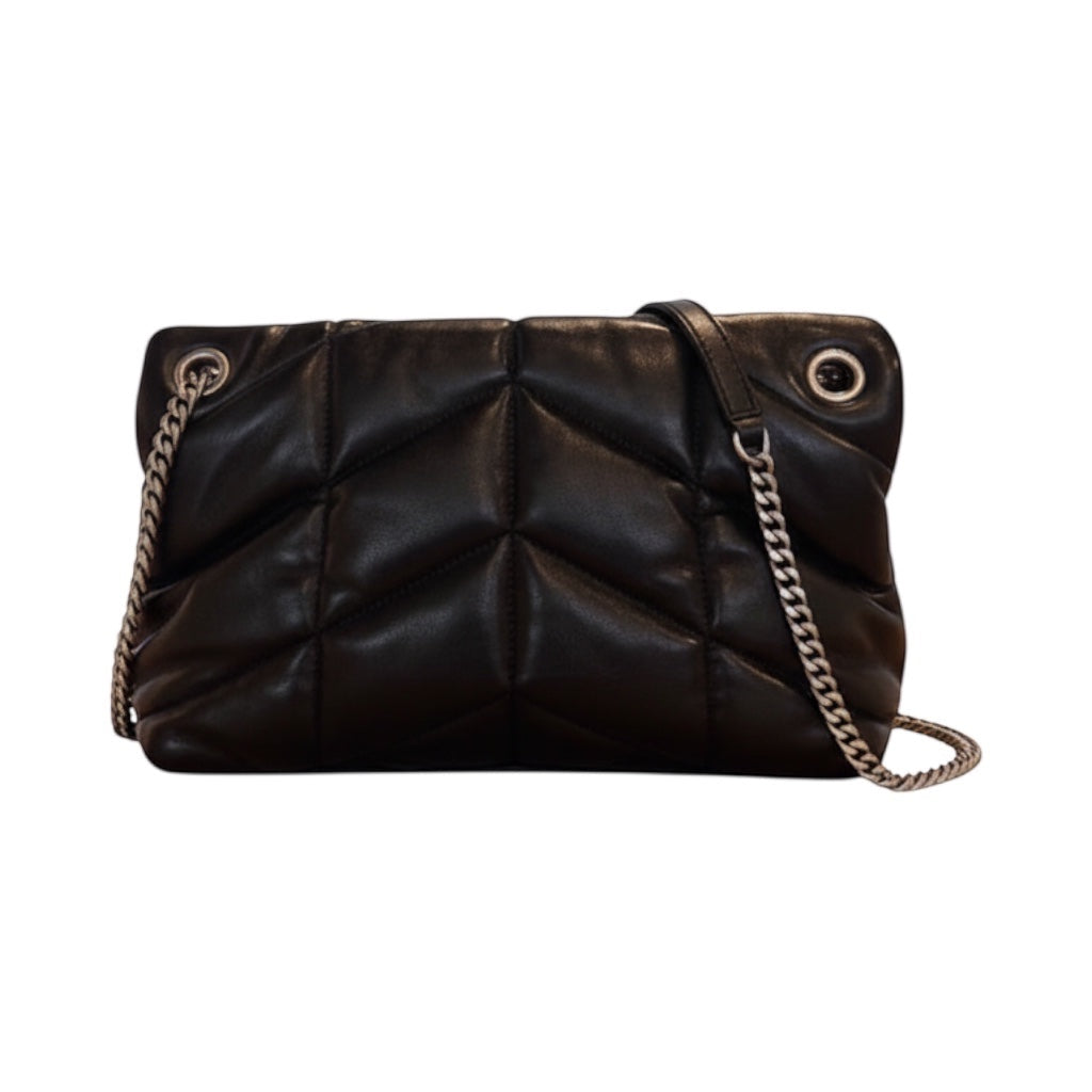 Posh Purse Co. black quilted leather Saint Laurent Loulou Puffer bag with chevron pattern and silver chain strap.