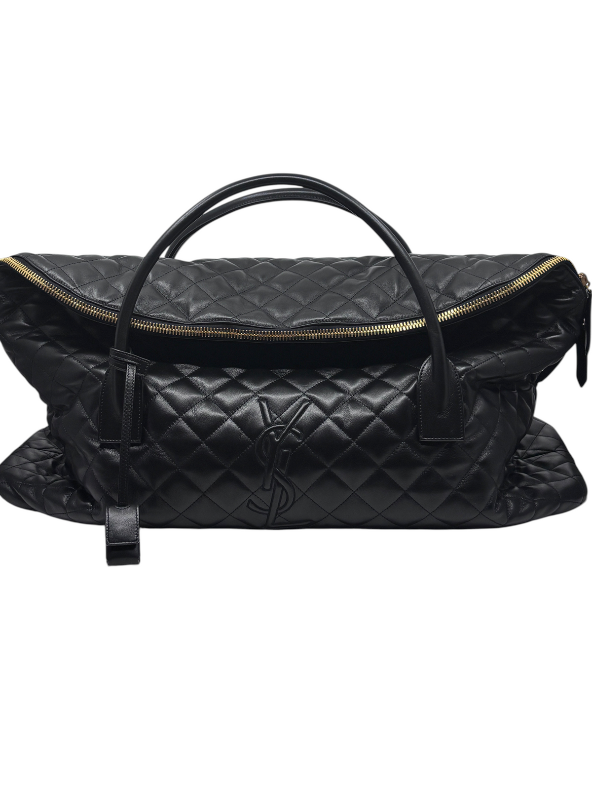 Posh Purse Co black quilted Saint Laurent ES giant travel bag with gold hardware and iconic YSL logo