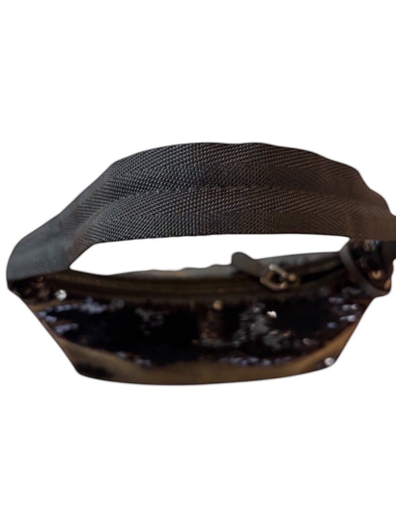 Posh Purse Co black sequin Prada Re-Edition 2000 mini shoulder bag with silver-tone hardware and a black fabric strap.